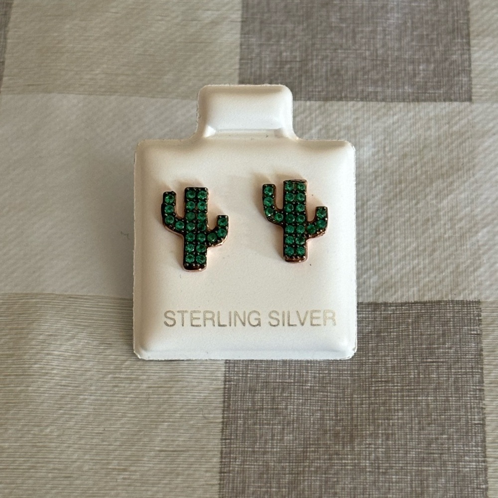 Sterling Silver CZ Emerald Cactus Stud Earrings